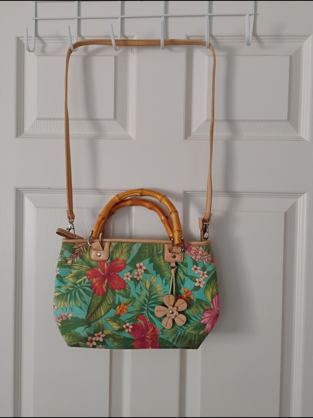 Relic Green Tropical Floral Satchel with Bamboo Handles And Leather Bag Charm